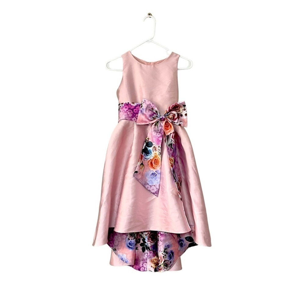 Rare Editions Pink Floral Sash Hi-Low Formal Dress